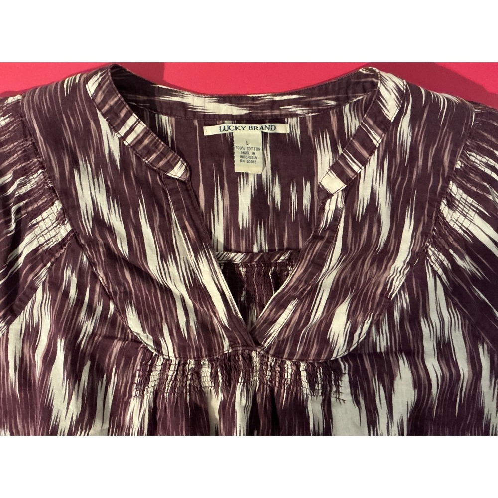 Lucky Brand Womens Purple Ikat Print Tunic Top Sz L Aztec Y2K Art To Wear Boho - Picture 3 of 9